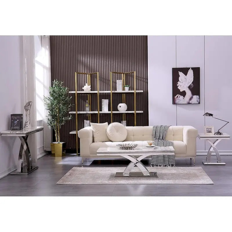 Table d'appoint en métal moderne avec plateau carré brillant et piètement en croix