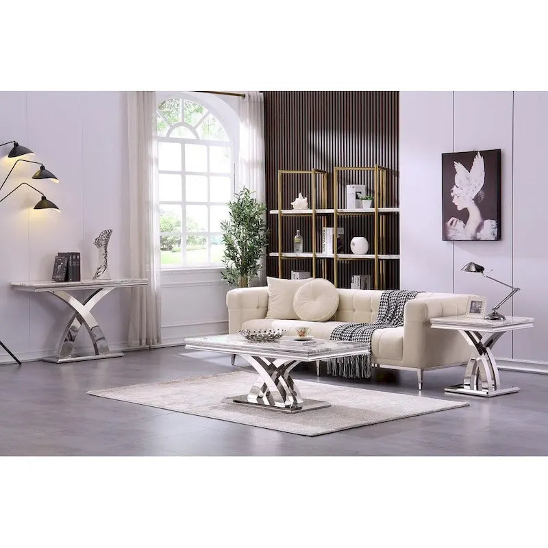 Table d'appoint en métal moderne avec plateau carré brillant et piètement en croix