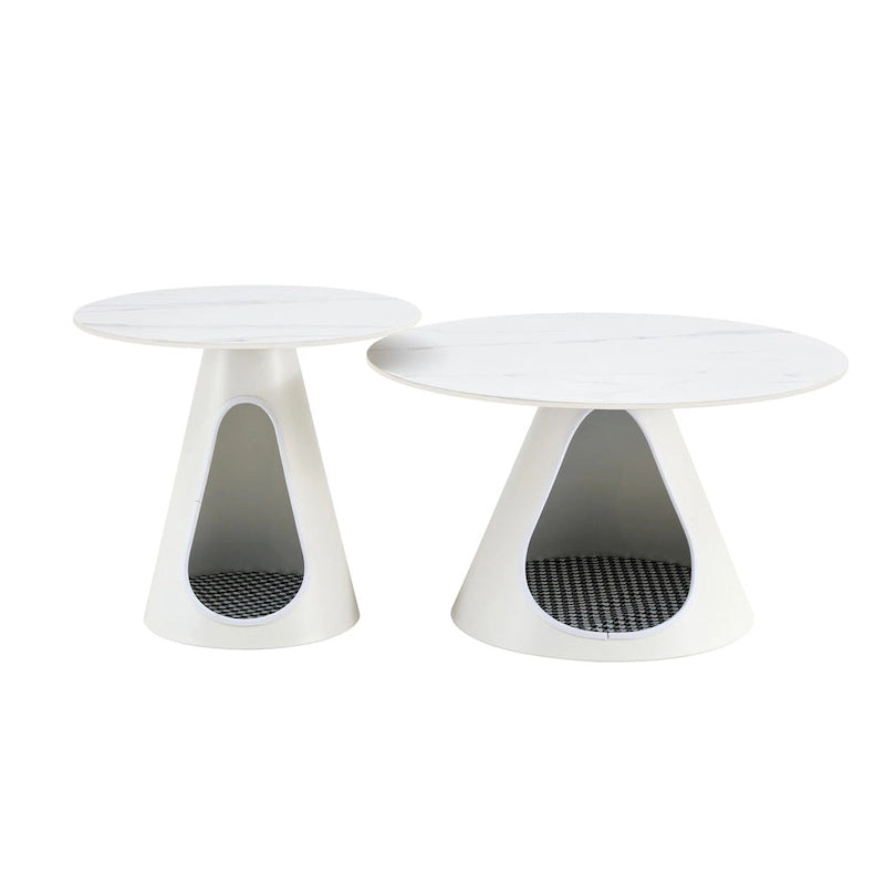 Ensemble de 2 tables basses rondes avec plateau effet marbre et base en acier avec 2 lits pour chats, multifonctionnel et élégant