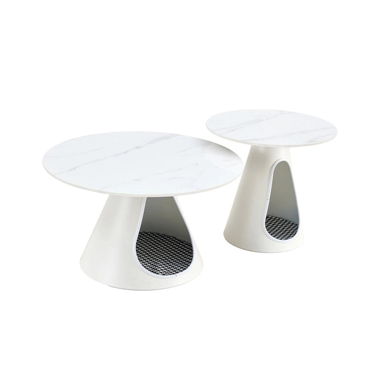 Ensemble de 2 tables basses rondes avec plateau effet marbre et base en acier avec 2 lits pour chats, multifonctionnel et élégant