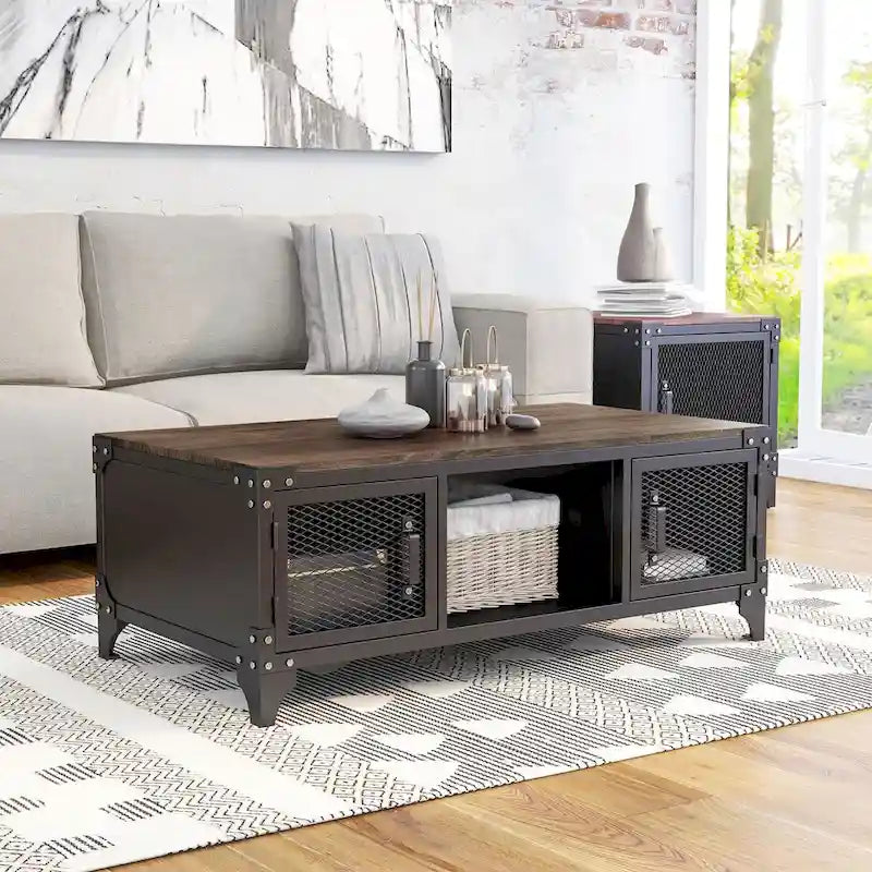 Ensemble table basse et table d'appoint 2 pièces de rangement Conner Rustic en noyer foncé et acier de Furniture of America
