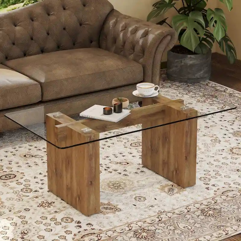 Table basse et table à manger modernes minimalistes en verre trempé avec autocollant, associées à des décorations dorées en MDF.