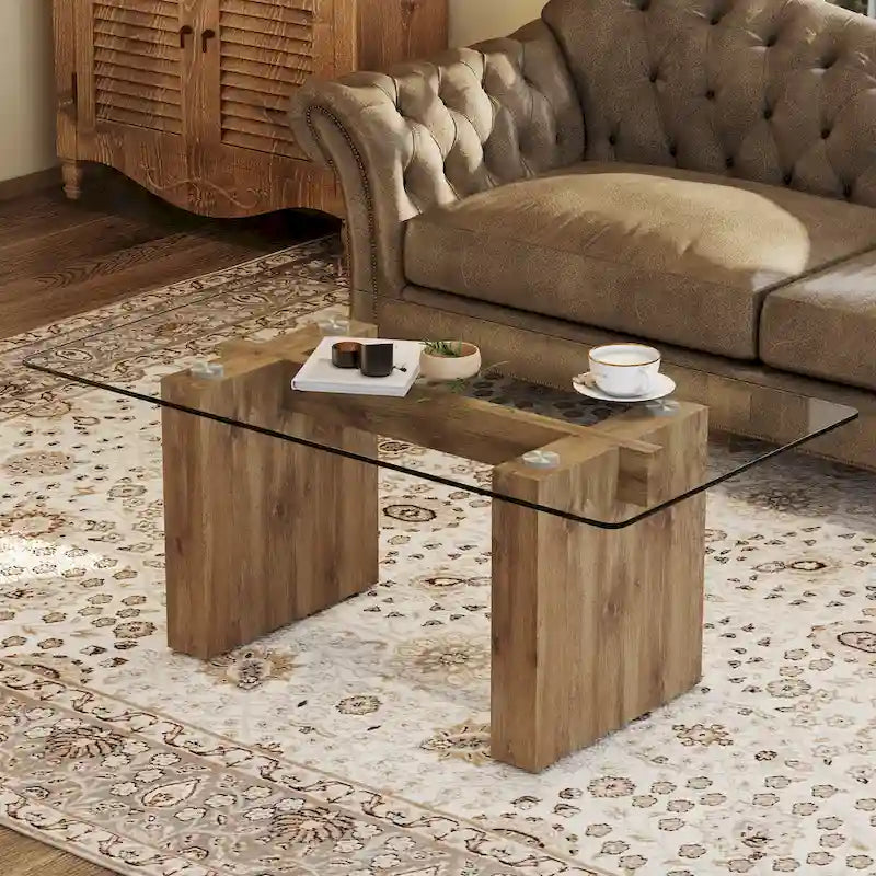 Table basse et table à manger modernes minimalistes en verre trempé avec autocollant, associées à des décorations dorées en MDF.