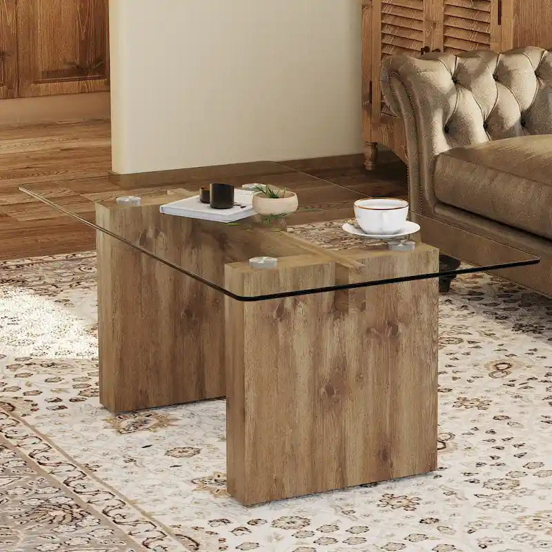 Table basse et table à manger modernes minimalistes en verre trempé avec autocollant, associées à des décorations dorées en MDF.