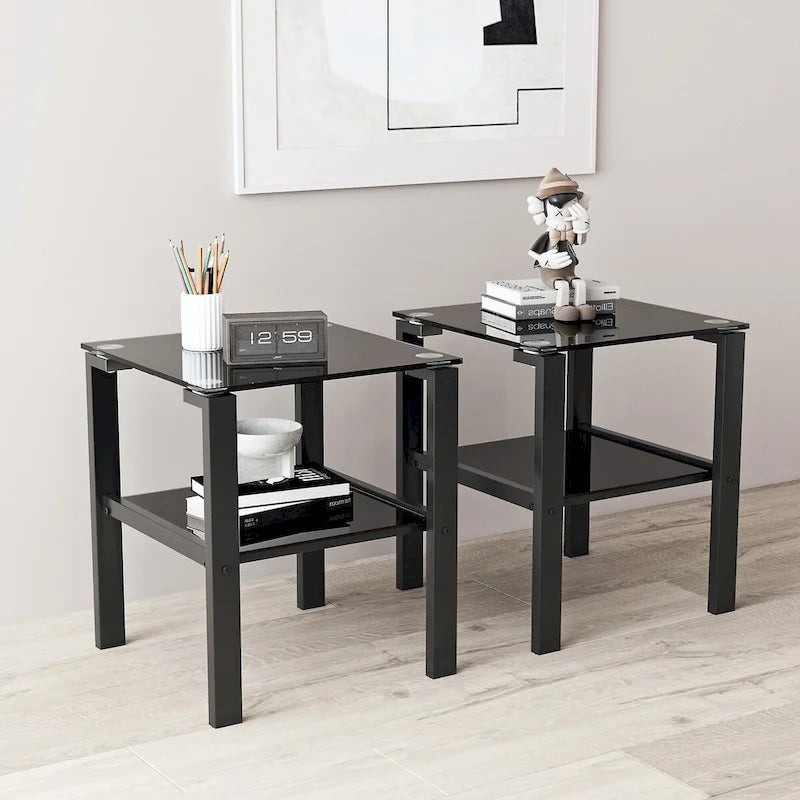 Lot de 2, table à thé à deux niveaux en verre, petite table ronde, table d'angle de chambre, table d'appoint de salon