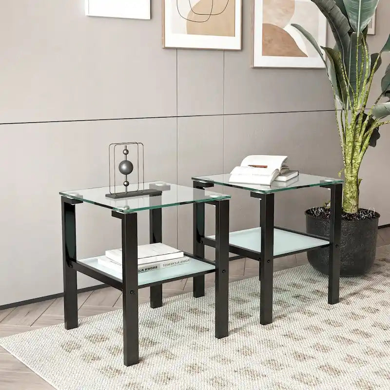 Lot de 2, table à thé à deux niveaux en verre, petite table ronde, table d'angle de chambre, table d'appoint de salon
