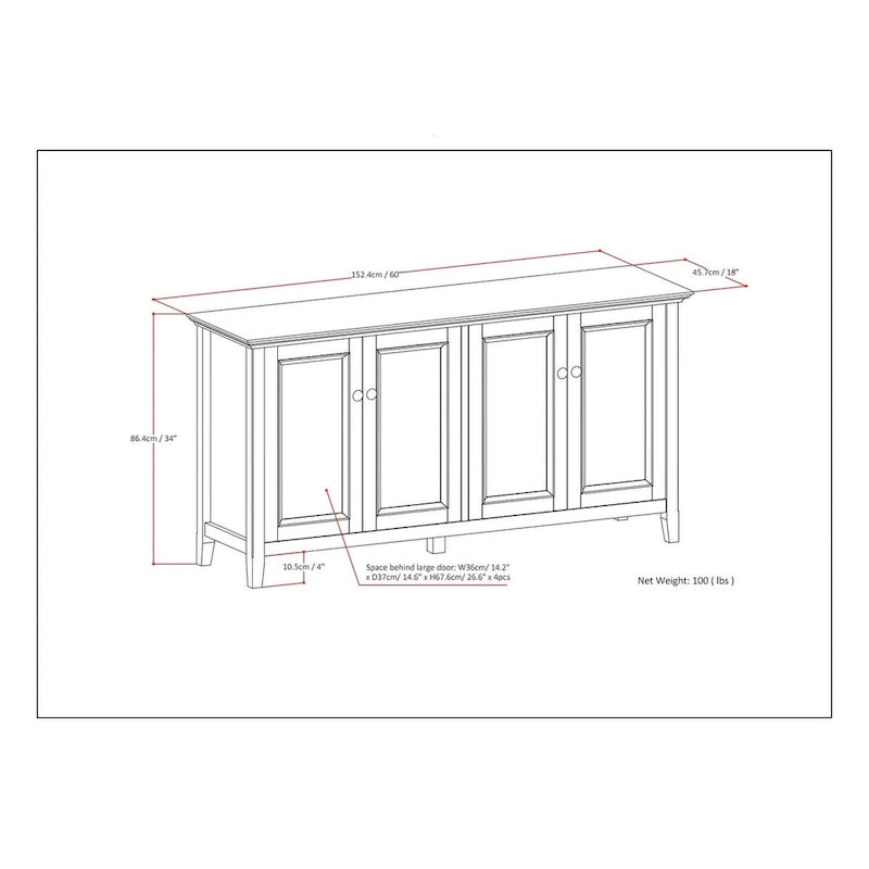 WYNDENHALL Halifax Armoire de rangement transitionnelle large en bois massif 66 po à 4 portes en brun hickory - 18p x 66l x 34h
