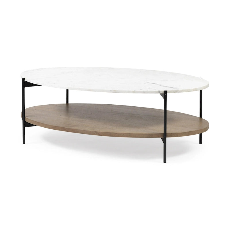 HomeRoots Table basse ovale de 48 po en marbre véritable marron et noir et métal avec étagère - 30