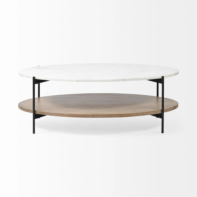 HomeRoots Table basse ovale de 48 po en marbre véritable marron et noir et métal avec étagère - 30