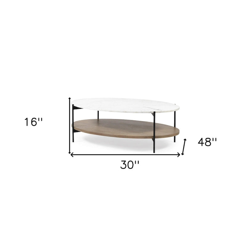 HomeRoots Table basse ovale de 48 po en marbre véritable marron et noir et métal avec étagère - 30