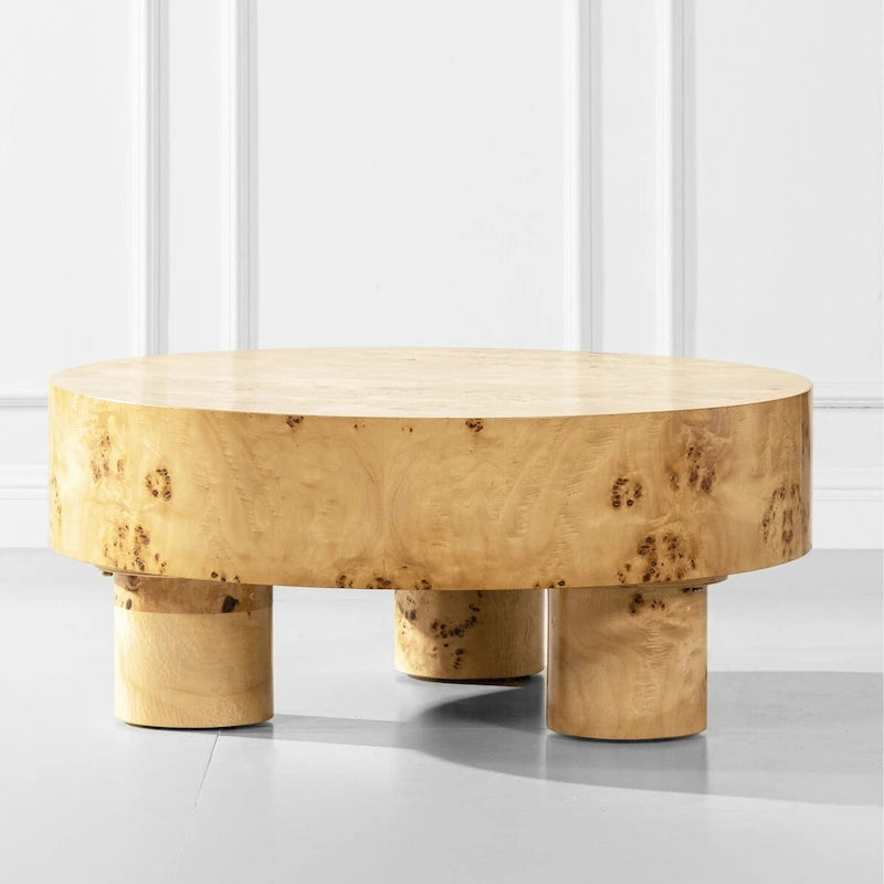 Table basse ronde Nebula 35,5 en loupe de bois avec pieds en pilier