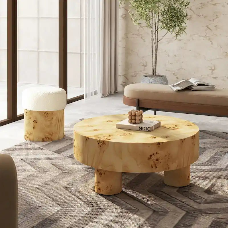 Table basse ronde Nebula 35,5 en loupe de bois avec pieds en pilier