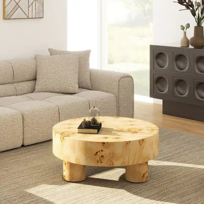 Table basse ronde Nebula 35,5 en loupe de bois avec pieds en pilier