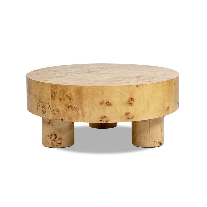 Table basse ronde Nebula 35,5 en loupe de bois avec pieds en pilier