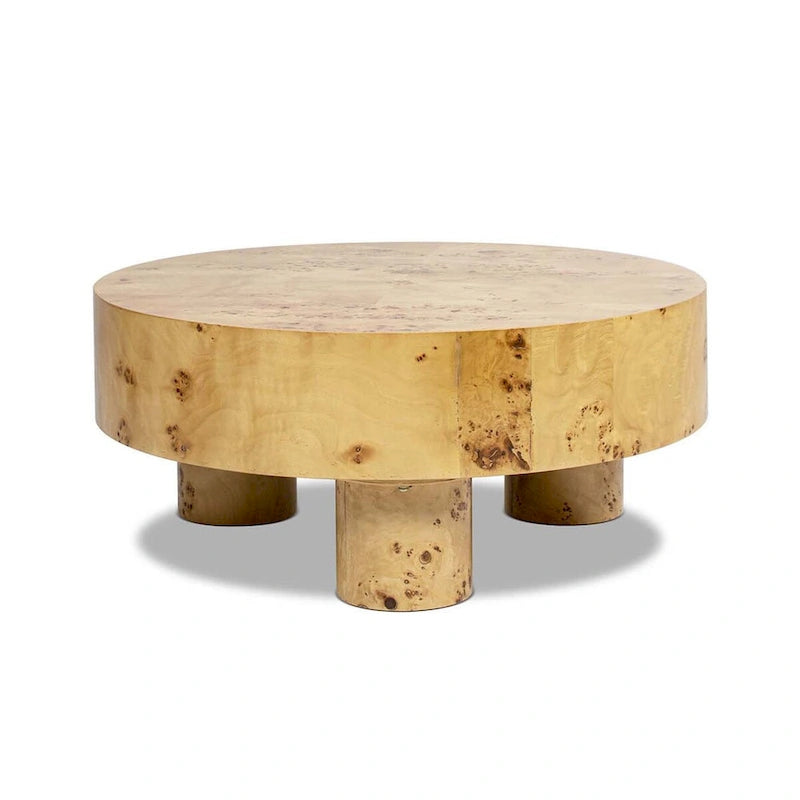 Table basse ronde Nebula 35,5 en loupe de bois avec pieds en pilier