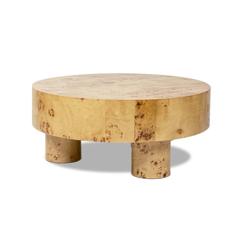 Table basse ronde Nebula 35,5 en loupe de bois avec pieds en pilier