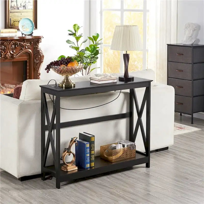 Table console longue industrielle Yaheetech à 2 niveaux et prise de courant