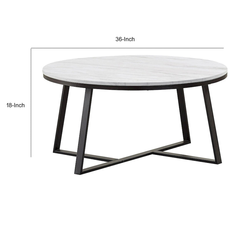 Table basse de 36 pouces, plateau en faux marbre, base métallique robuste, blanc, noir