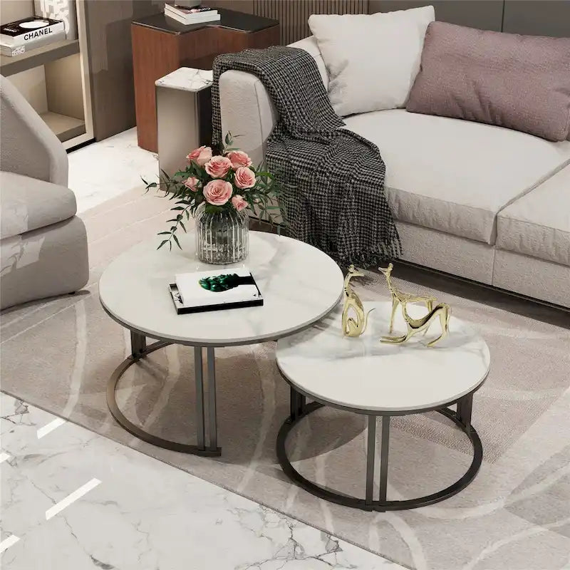 Lot de 2 tables basses gigognes rondes en pierre frittée - Tables d'appoint pour canapé
