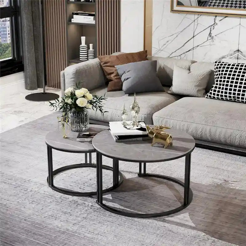 Lot de 2 tables basses gigognes rondes en pierre frittée - Tables d'appoint pour canapé