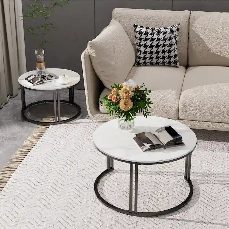 Lot de 2 tables basses gigognes rondes en pierre frittée - Tables d'appoint pour canapé