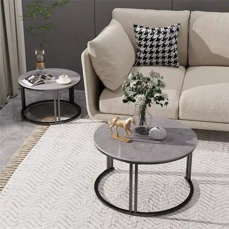 Lot de 2 tables basses gigognes rondes en pierre frittée - Tables d'appoint pour canapé