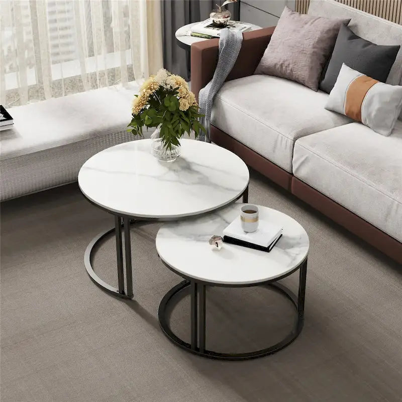 Lot de 2 tables basses gigognes rondes en pierre frittée - Tables d'appoint pour canapé