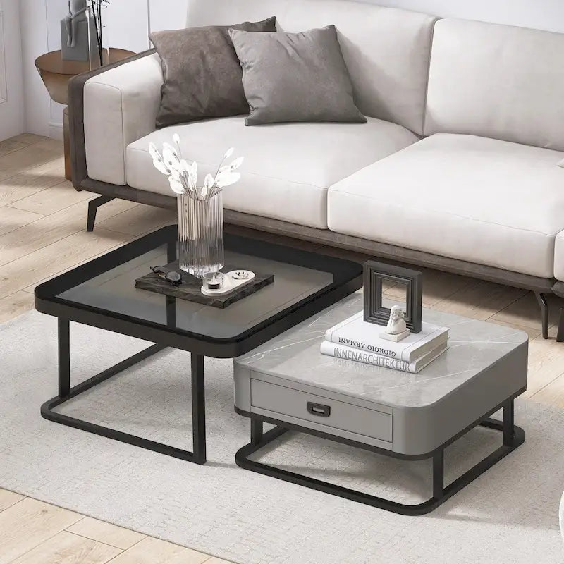 Table basse gigogne carrée moderne en verre étanche avec tiroir