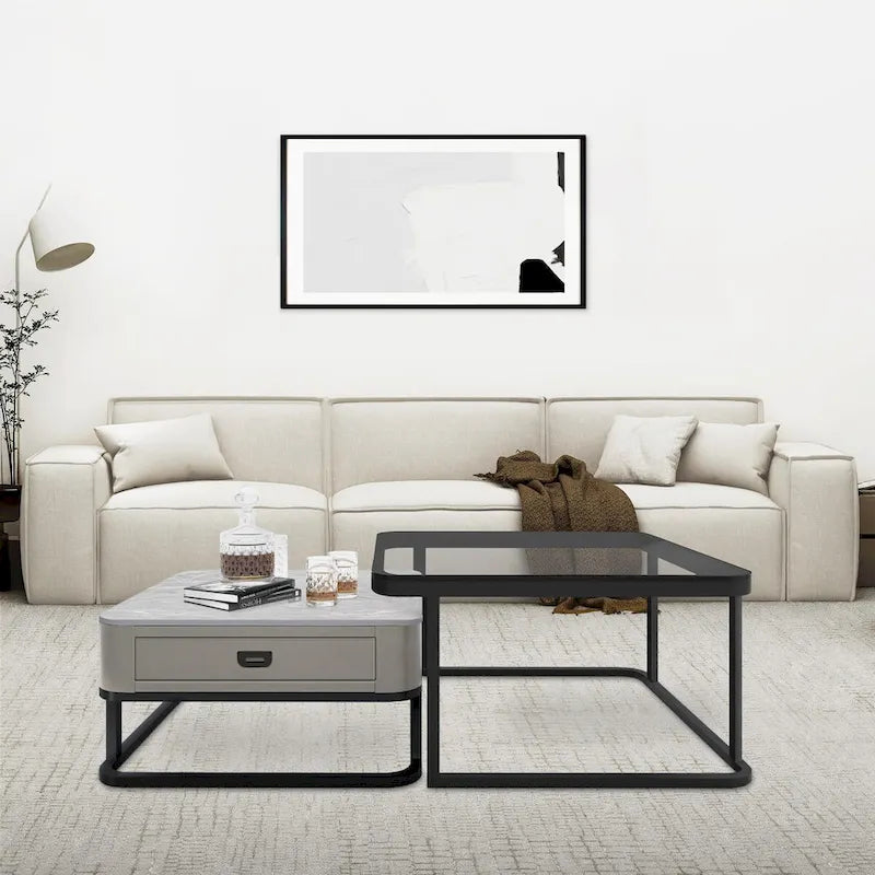 Table basse gigogne carrée moderne en verre étanche avec tiroir