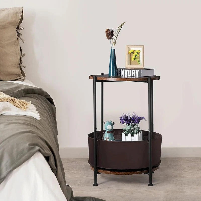 Table d'appoint de rangement ronde avec panier en tissu