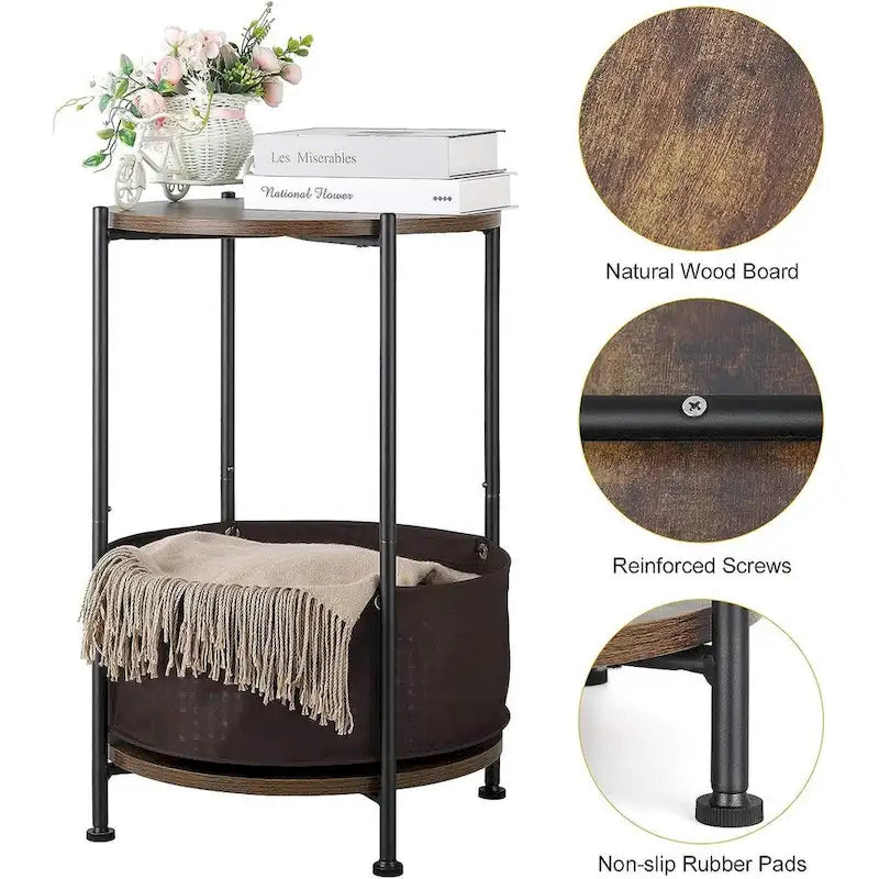 Table d'appoint de rangement ronde avec panier en tissu