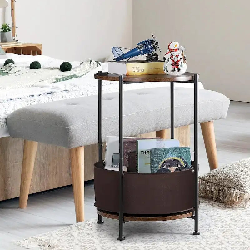 Table d'appoint de rangement ronde avec panier en tissu