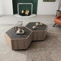 2 tables basses hexagonales en chêne clair avec tiroirs pour le salon