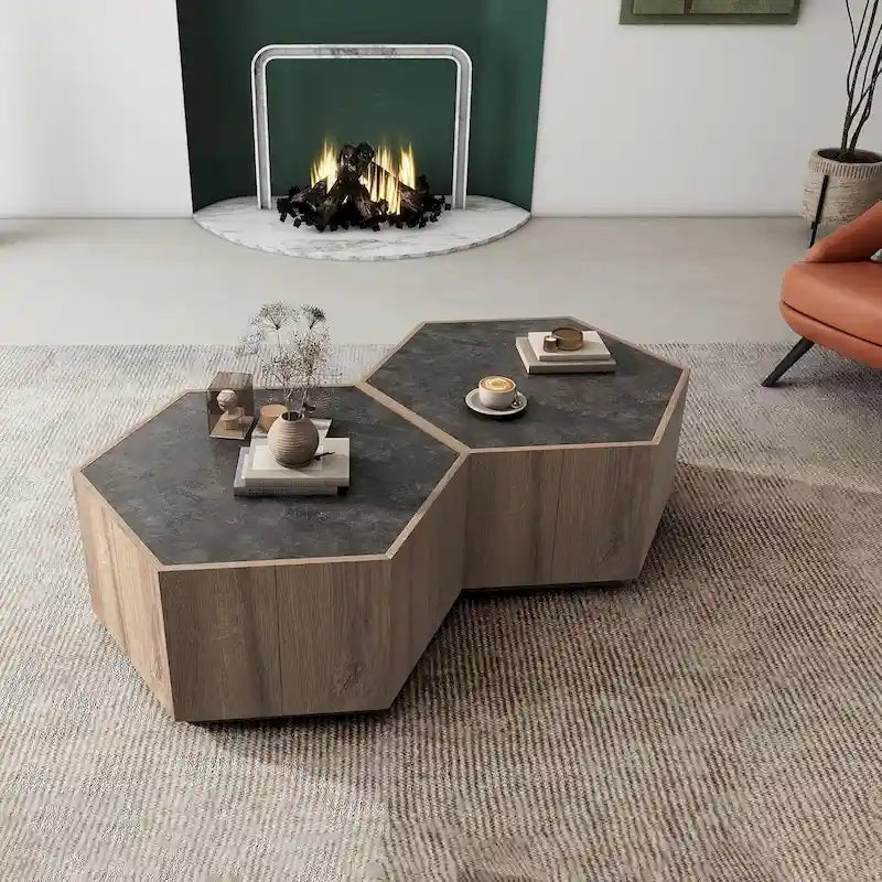 2 tables basses hexagonales en chêne clair avec tiroirs pour le salon