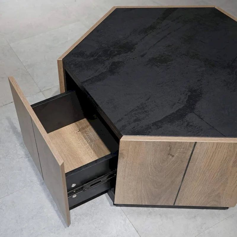 2 tables basses hexagonales en chêne clair avec tiroirs pour le salon