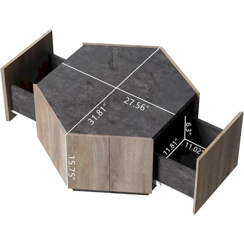 2 tables basses hexagonales en chêne clair avec tiroirs pour le salon