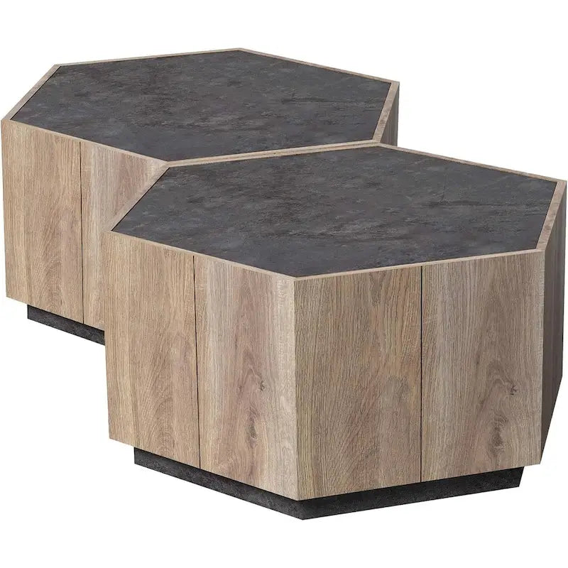 2 tables basses hexagonales en chêne clair avec tiroirs pour le salon