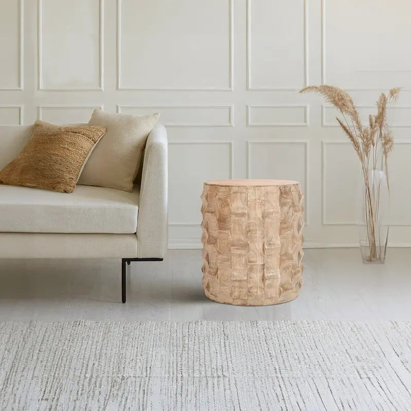 20 Inch Side End Table, Round Drum Shape with 3D Textured Design, Distressed White Finish