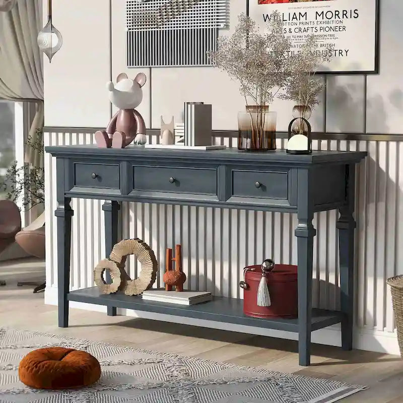 Console en bois de 50 po de style rétro classique avec trois tiroirs supérieurs et une étagère inférieure ouverte (fini gris délavé)