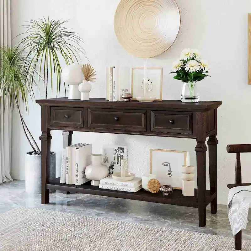 Console en bois de 50 po de style rétro classique avec trois tiroirs supérieurs et une étagère inférieure ouverte (fini gris délavé)
