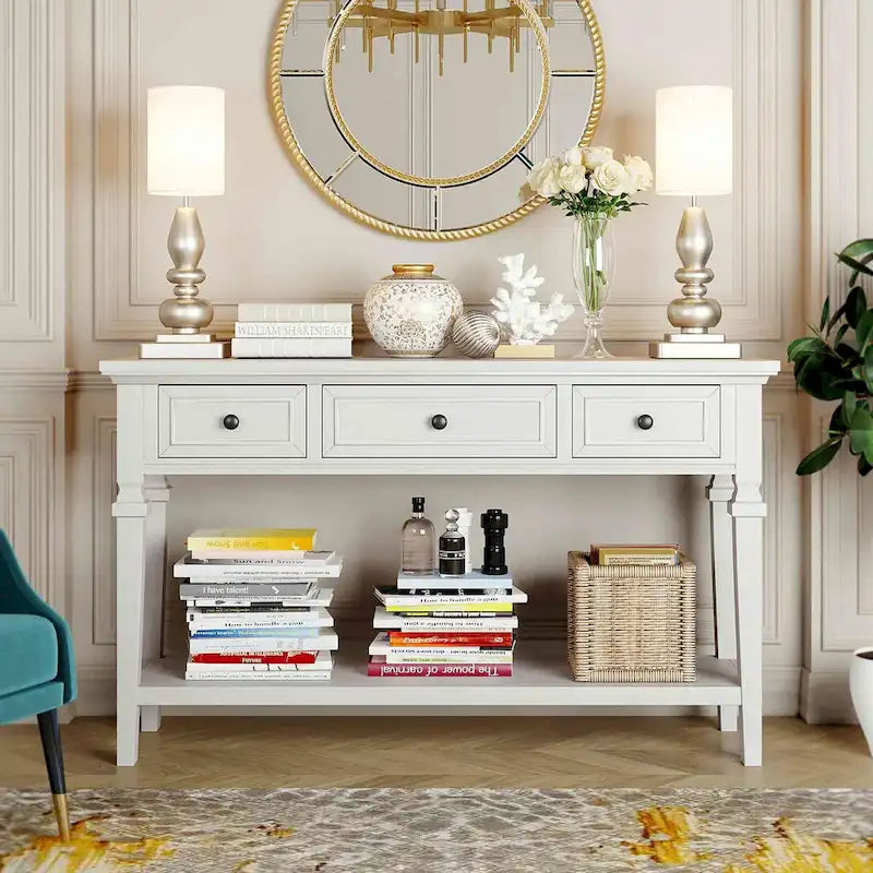Console en bois de 50 po de style rétro classique avec trois tiroirs supérieurs et une étagère inférieure ouverte (fini gris délavé)