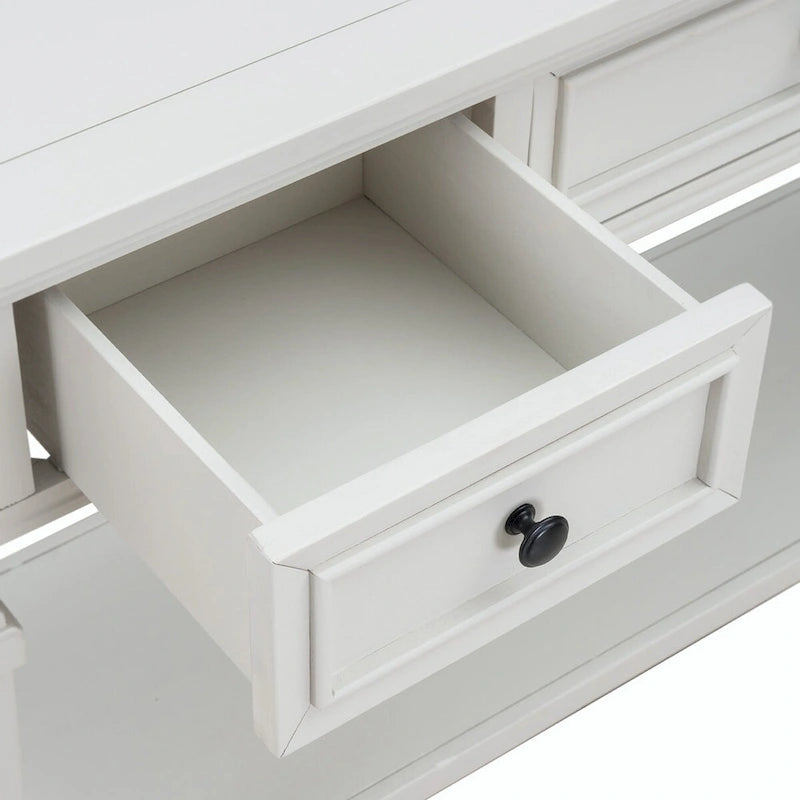 Console en bois de 50 po de style rétro classique avec trois tiroirs supérieurs et une étagère inférieure ouverte (fini gris délavé)