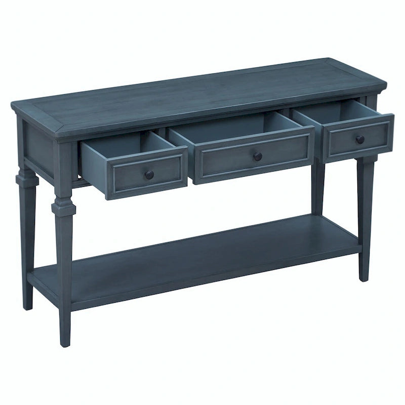 Console en bois de 50 po de style rétro classique avec trois tiroirs supérieurs et une étagère inférieure ouverte (fini gris délavé)