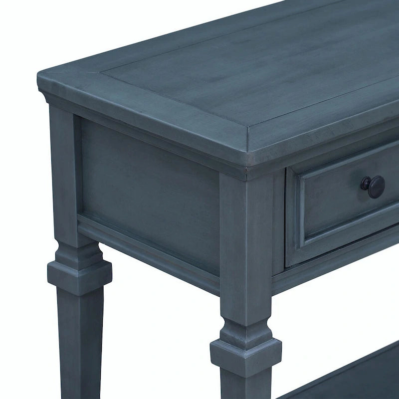 Console en bois de 50 po de style rétro classique avec trois tiroirs supérieurs et une étagère inférieure ouverte (fini gris délavé)