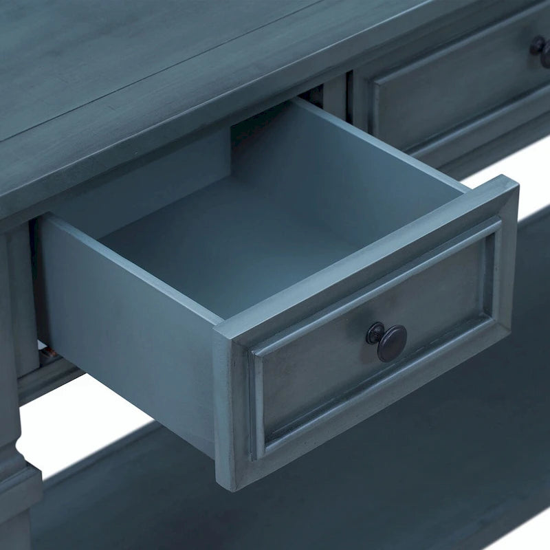Console en bois de 50 po de style rétro classique avec trois tiroirs supérieurs et une étagère inférieure ouverte (fini gris délavé)