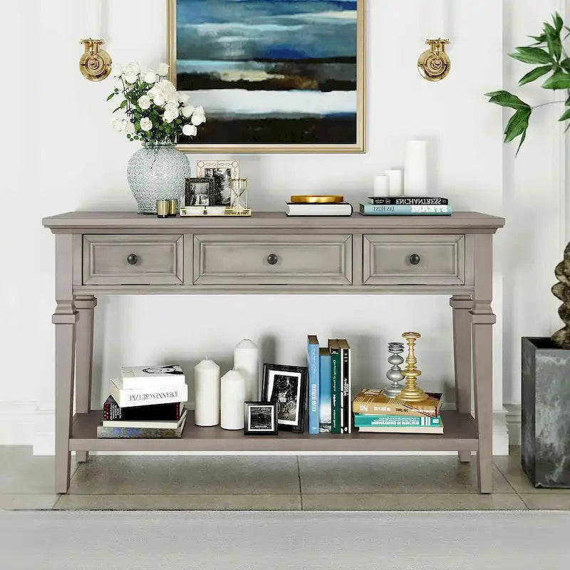 Console en bois de 50 po de style rétro classique avec trois tiroirs supérieurs et une étagère inférieure ouverte (fini gris délavé)