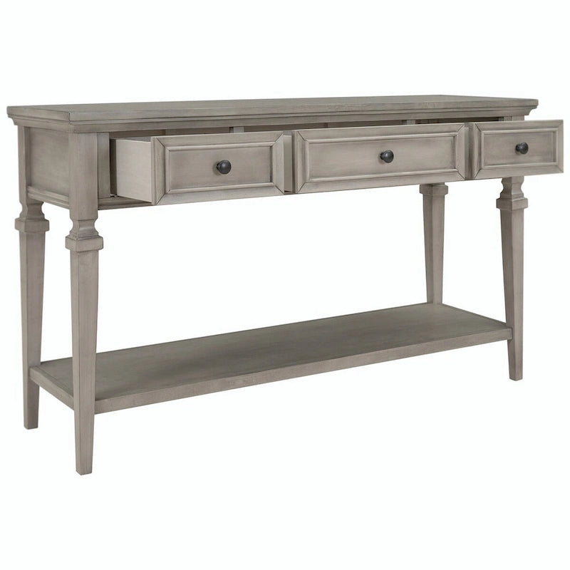 Console en bois de 50 po de style rétro classique avec trois tiroirs supérieurs et une étagère inférieure ouverte (fini gris délavé)