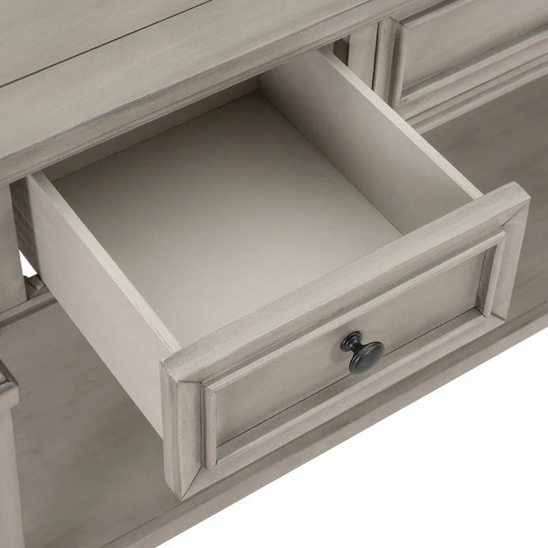 Console en bois de 50 po de style rétro classique avec trois tiroirs supérieurs et une étagère inférieure ouverte (fini gris délavé)