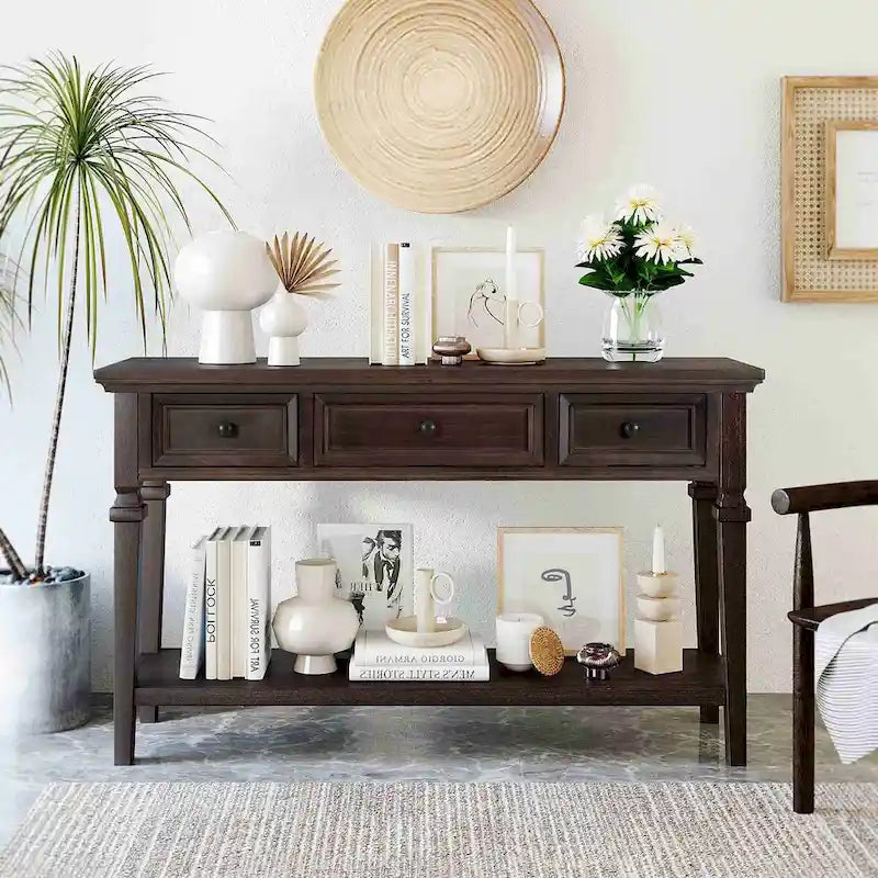 Console en bois de 50 po de style rétro classique avec trois tiroirs supérieurs et une étagère inférieure ouverte (fini gris délavé)