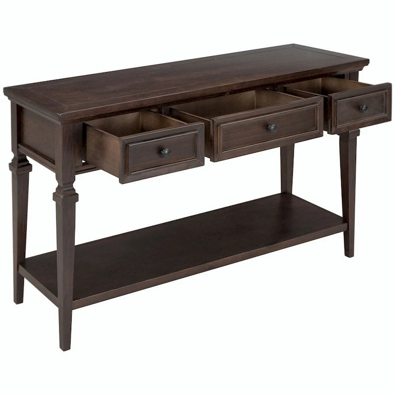 Console en bois de 50 po de style rétro classique avec trois tiroirs supérieurs et une étagère inférieure ouverte (fini gris délavé)